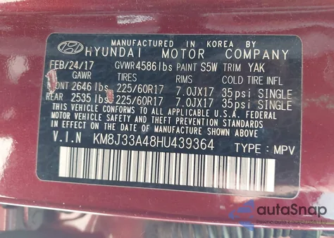 2017 Hyundai Tucson Se Plus из США, поврежденный, VIN KM8J33A48HU439364